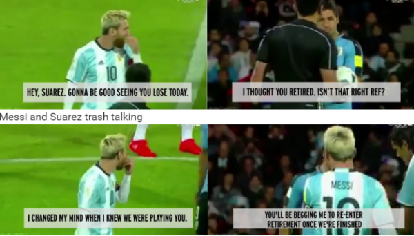 Messi và Suarez che miệng thì thầm chuyện gì?