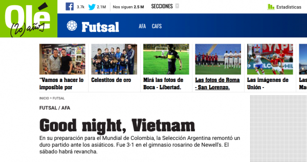 Nhật báo hàng đầu Argentina khen đội tuyển futsal Việt Nam trước World Cup
