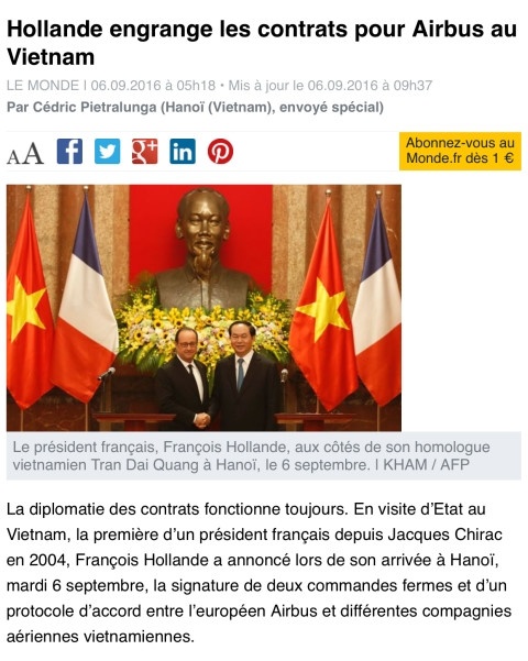 Báo chí Pháp ca ngợi chuyến thăm Việt Nam của Tổng thống Hollande