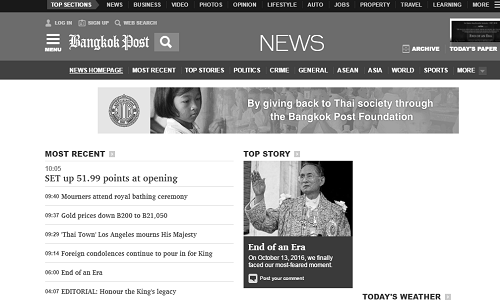 Báo chí Thái Lan chuyển màu đen trắng để tang vua