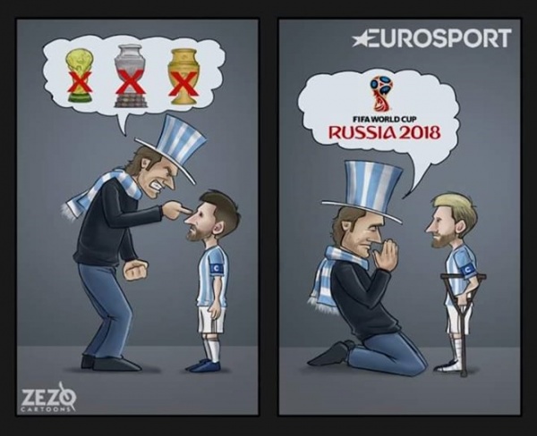 Biếm họa Argentina quỳ xuống xin Messi trợ giúp