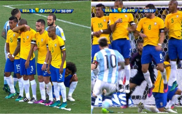 Marcelo quỳ gối làm hàng rào để ngăn Messi sút phạt