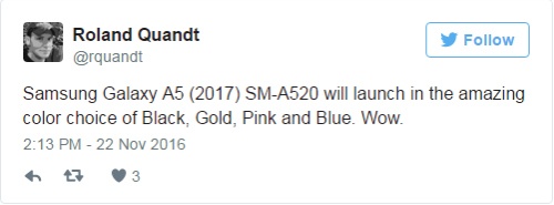 Samsung Galaxy A5 (2017) sẽ có 4 tùy chọn màu