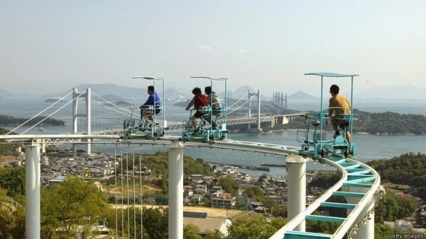 Hết hồn với trò đạp xe trên đường ray siêu tốc ở Nhật Bản