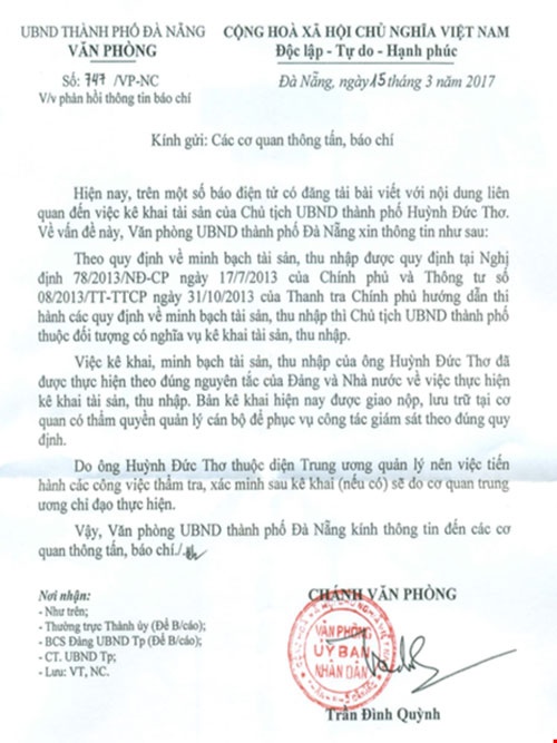 Đà Nẵng phản hồi về bản kê khai tài sản của Chủ tịch TP