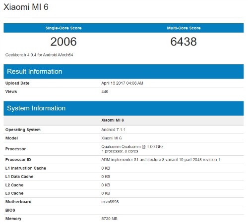 Xiaomi Mi 6 “vượt mặt” Galaxy S8 trên bài kiểm tra hiệu năng Geekbench