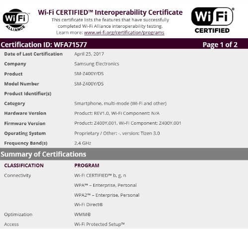 Samsung Z4 chạy giao diện Tizen đã được cấp chứng chỉ Wifi