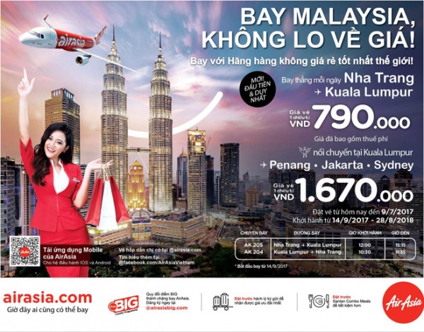 AirAsia mở đường bay thẳng từ Nha Trang đến Kuala Lumpur, Malaysia