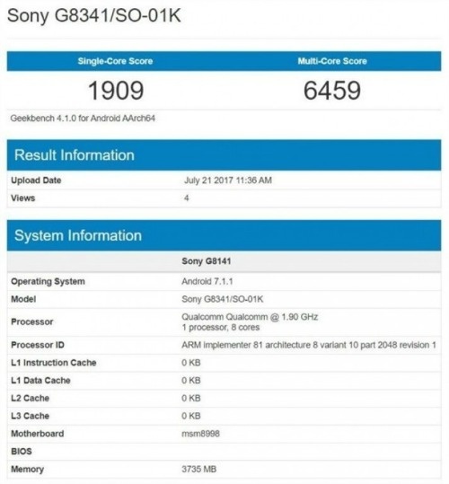 Sony Xperia XZ1 lộ điểm hiệu năng, tích hợp chip Snapdragon 835