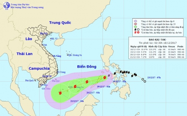 Trưa nay, bão Kai-tak giật cấp 10 đổ bộ vào Biển Đông