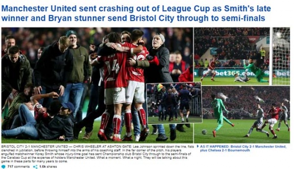 MU bị loại sốc: Báo chí Anh gọi là kì tích của Bristol, "dìm" Mourinho