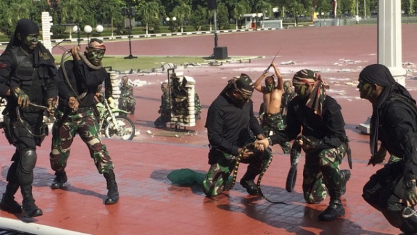 Lính Indonesia uống máu rắn, lăn trên kính vỡ đón Bộ trưởng Quốc phòng Mỹ