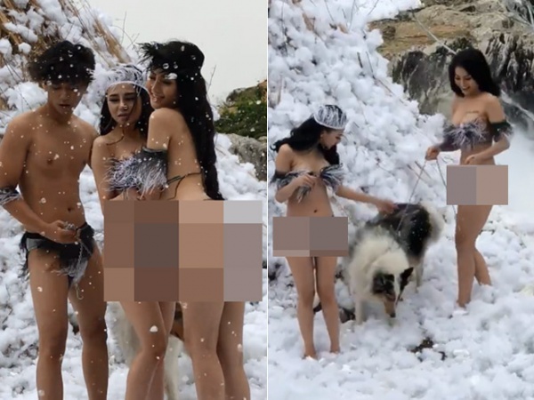 Hai cô gái mặc hở hang chụp ảnh dưới tuyết bị "ném đá" dữ dội