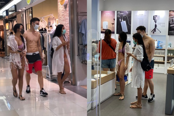 Hai cô gái mặc bikini dắt theo chàng trai bán khỏa thân vào trung tâm thương mại, MXH "dậy sóng"