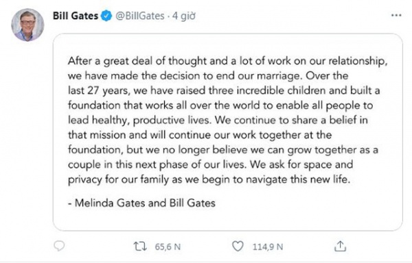 Tỷ phú Bill Gates và vợ ly hôn, có thể trở thành vụ ly hôn lớn nhất thế giới