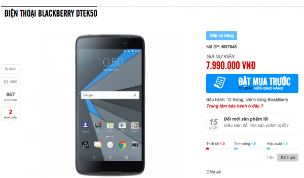 Blackberry DTek50 sẽ lên kệ thị trường Việt với giá 7,9 triệu đồng