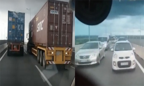 Ôtô nối đuôi hàng km trên cao tốc vì 2 xe container chạy song song