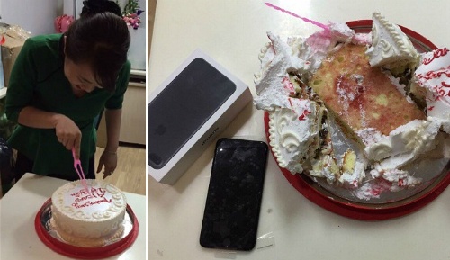 Chàng trai giấu iPhone 7 trong bánh kem tặng người yêu