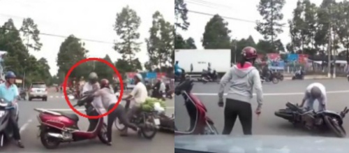 Người phụ nữ xô ngã cụ ông sau va chạm xe máy