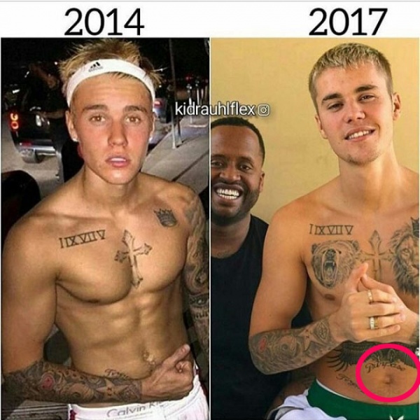 Justin Bieber khoe ngực trần phủ kín hình xăm