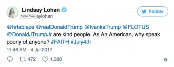 Lindsay Lohan kêu gọi "ngưng nói xấu" Tổng thống Donald Trump