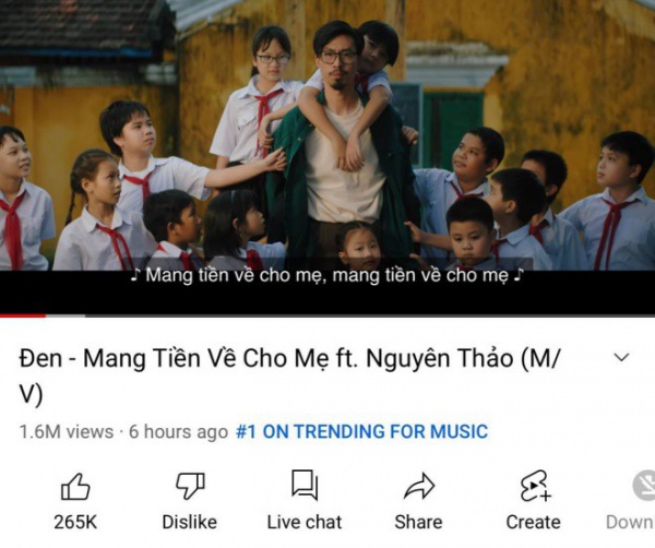 MV "Mang tiền về cho mẹ" của Đen Vâu "chễm chệ" Top 1 ngay trong đêm ra mắt